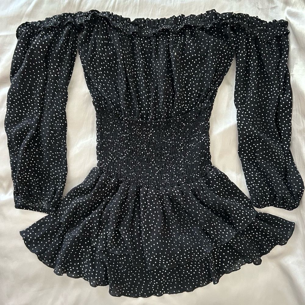 Blue Life Black and White Polka Dot Off Shoulder Long Sleeve Dress